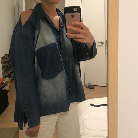 UNIF Denim Washed Cold Shoulder Button Down Shirt - Picture 2 of 6